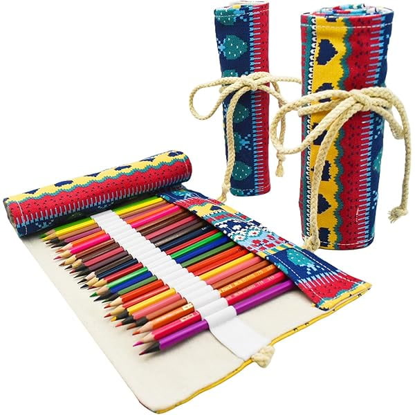 Canvas pencil roll unrolled flat with colored pencils in individual elastic loops arranged in rainbow order