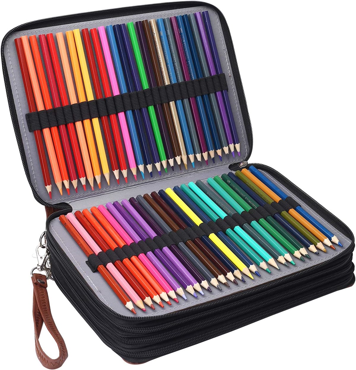Stackable clear drawer organizers filled with colored pencils sorted by color family