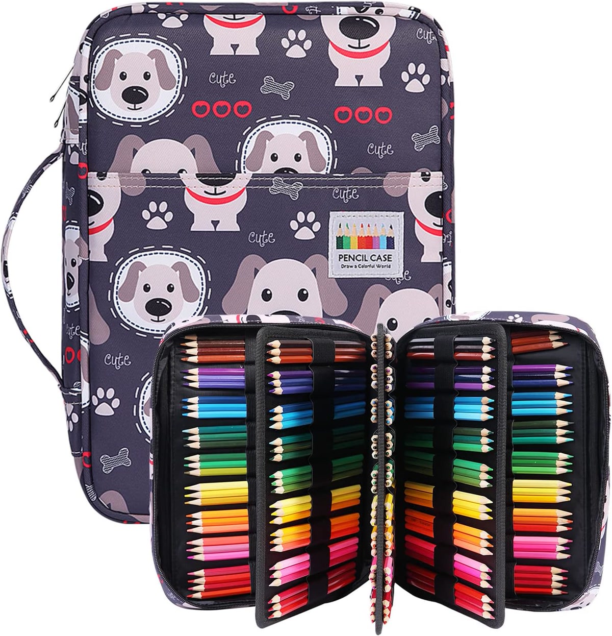 Portable coloring supplies organized in a canvas pencil case with colored pencils in elastic loops, a coloring book, and a sharpener, ready for on-the-go coloring