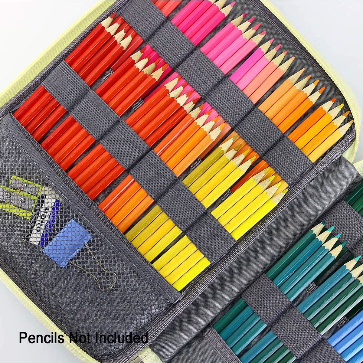 Colored pencils organized in a portable case with individual slots, preventing breakage and keeping colors visible, product photography style