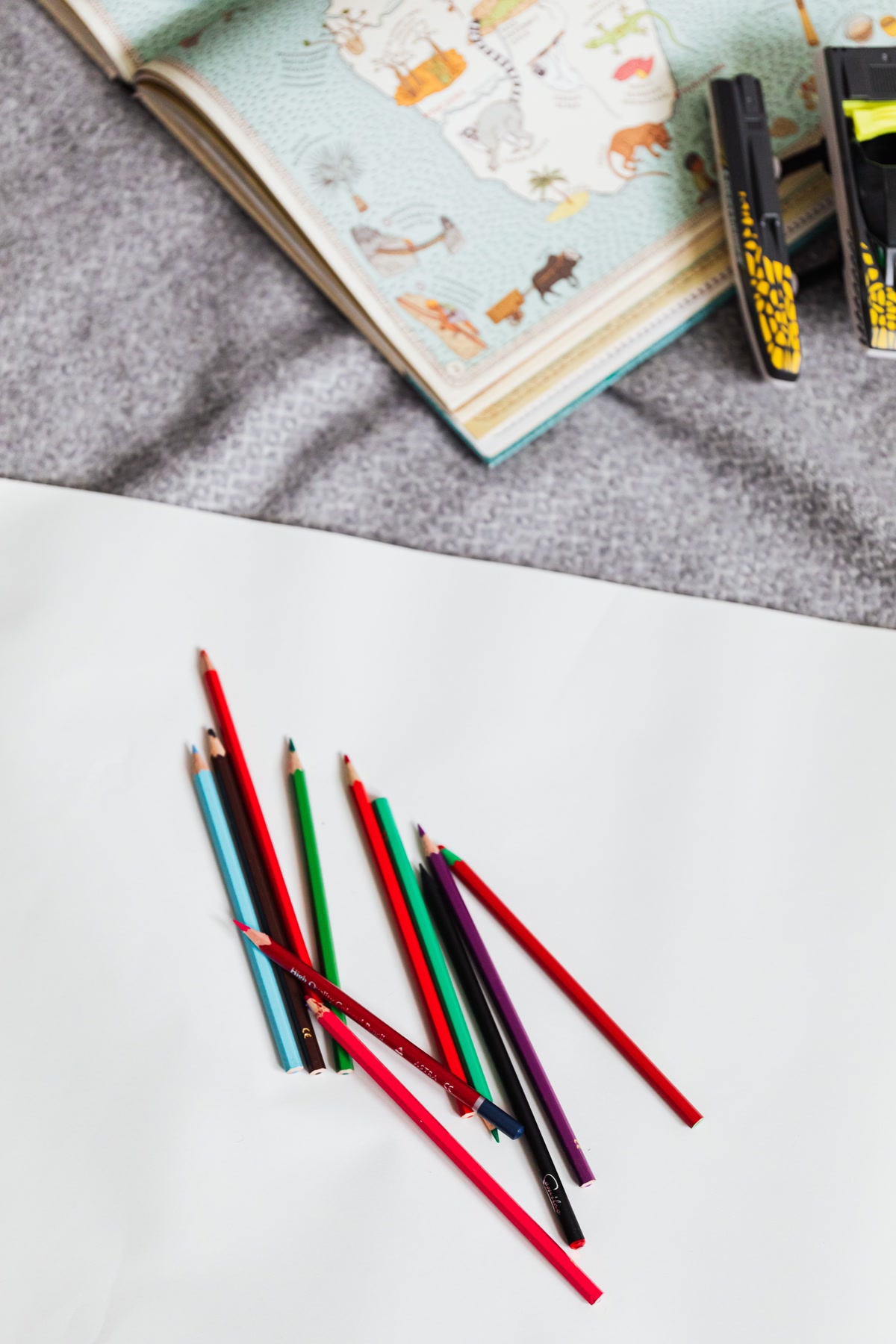 Overhead view of a coloring club table with multiple open coloring books in different themes, colored pencils scattered across the table, coffee cups and snacks, several pages with finished colorful designs, warm and inviting social scene, flat lay photography