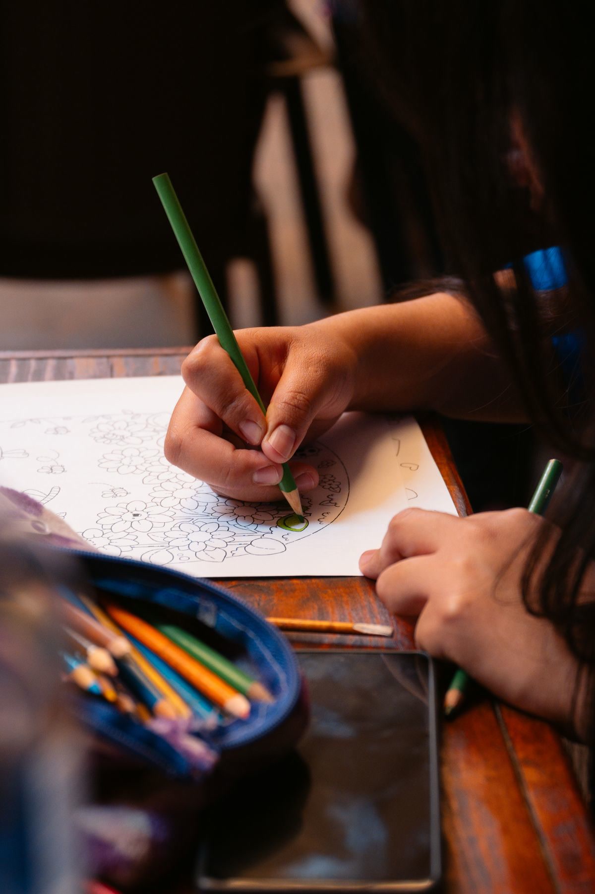 Close-up of hands coloring an intricate dragon illustration with rich colored pencils, scales and wings visible on the page, warm dramatic lighting, focused and creative mood, shallow depth of field