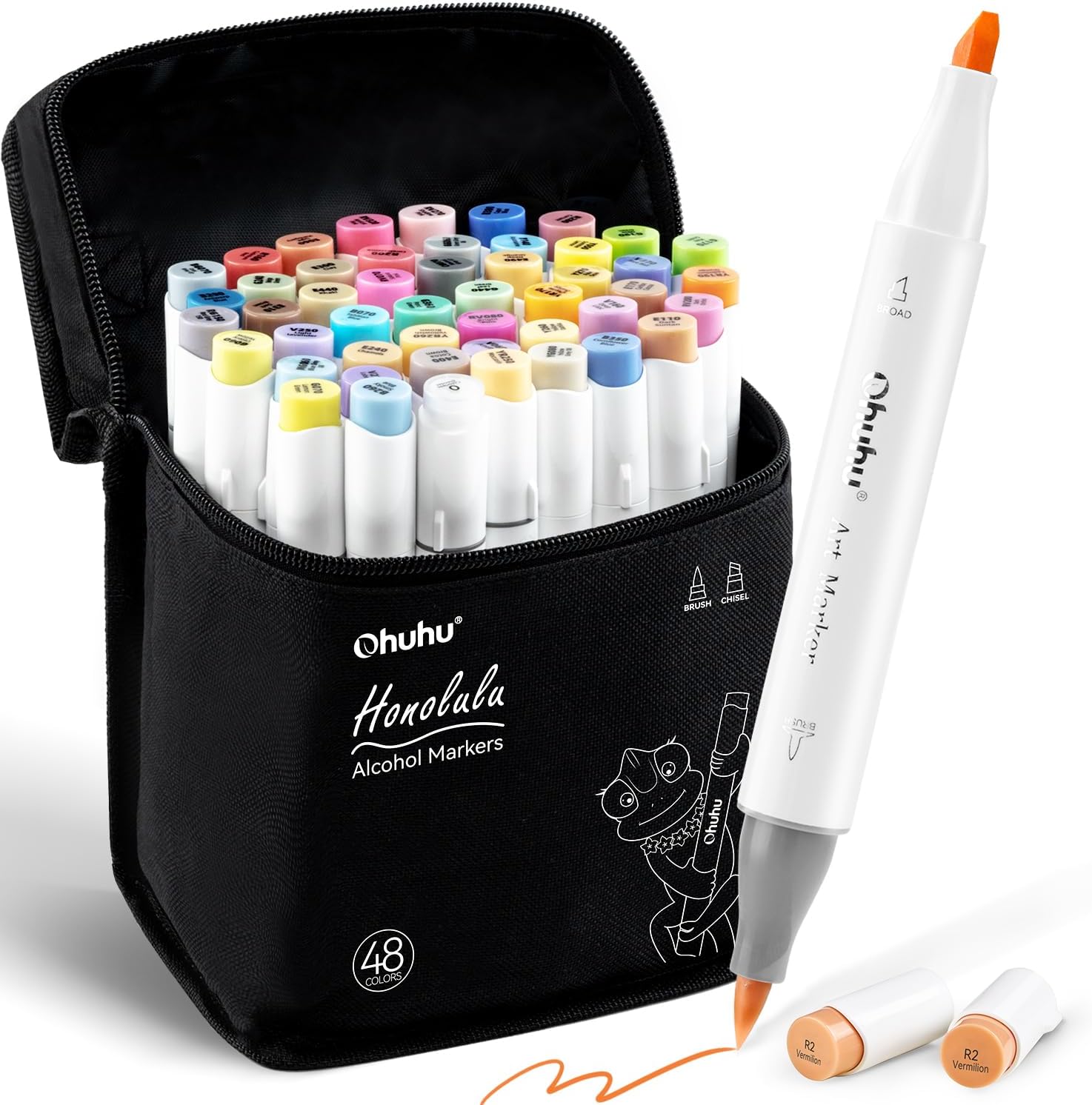 Ohuhu Honolulu 48-color alcohol marker set with dual tips displayed in a retail product shot
