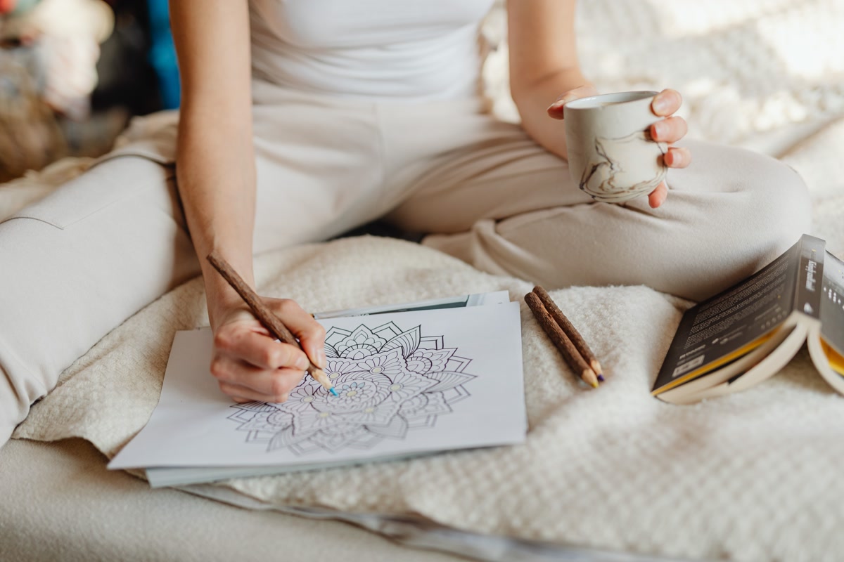 photograph of a cozy coloring corner for stress relief