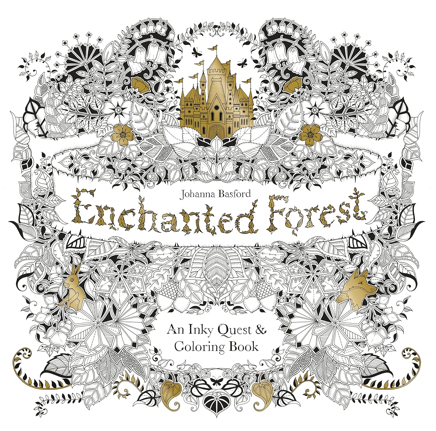 Enchanted Forest coloring book cover with intricate forest designs