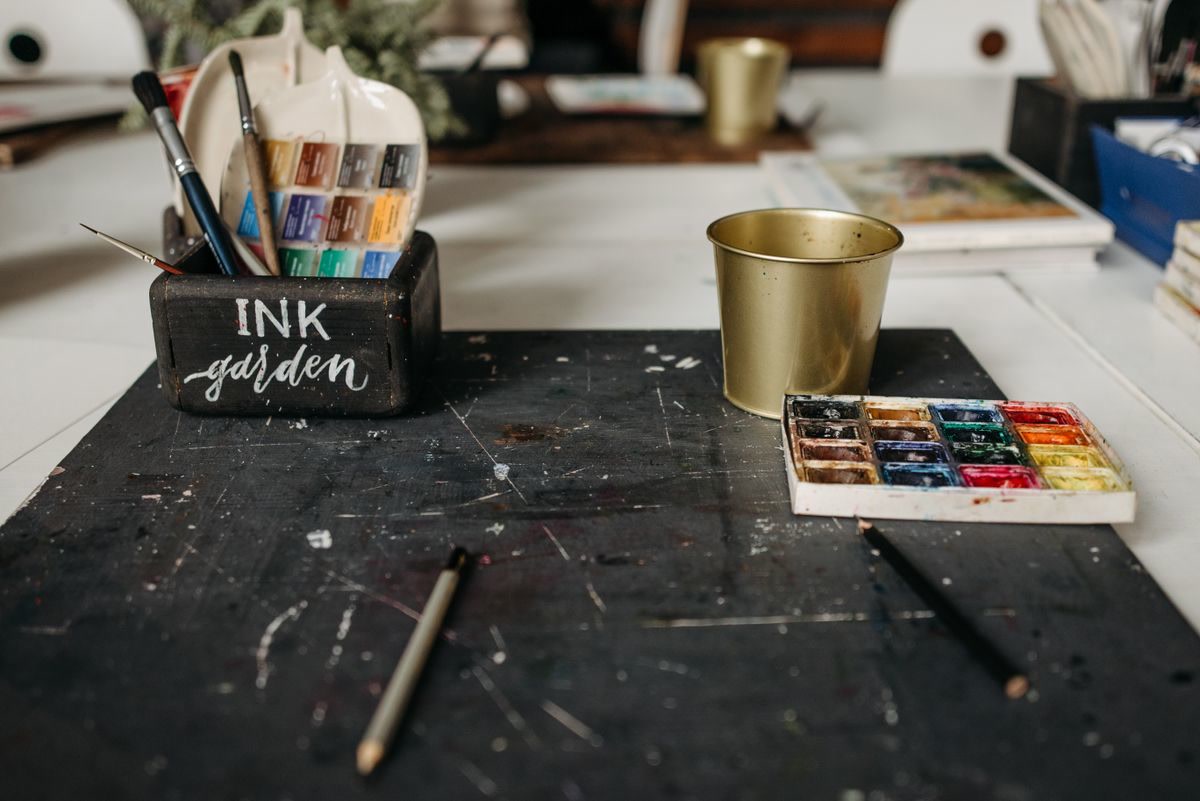 Creative workspace with art supplies