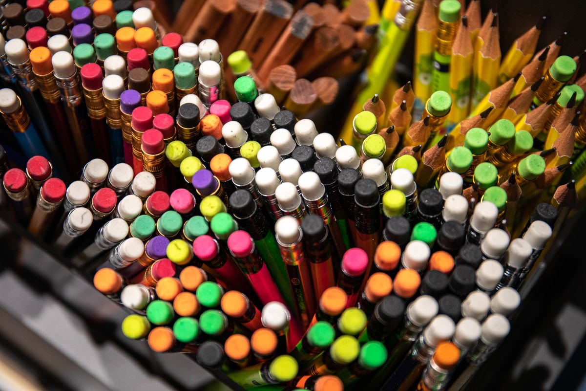 Pencils and art supplies neatly arranged