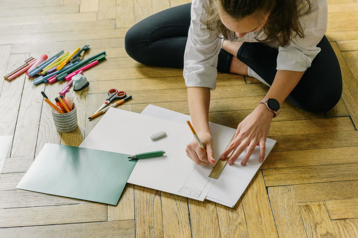 Art supplies and creative materials on a desk
