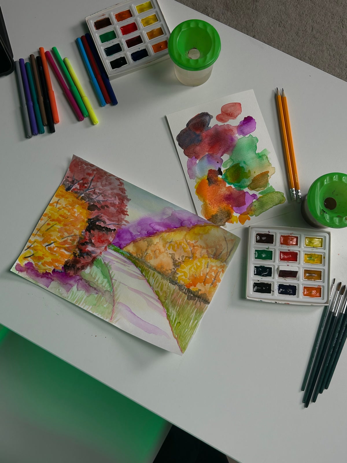 Caran d'Ache Museum Aquarelle watercolor pencils showing vibrant swatches before and after water activation, premium art supplies on a white surface