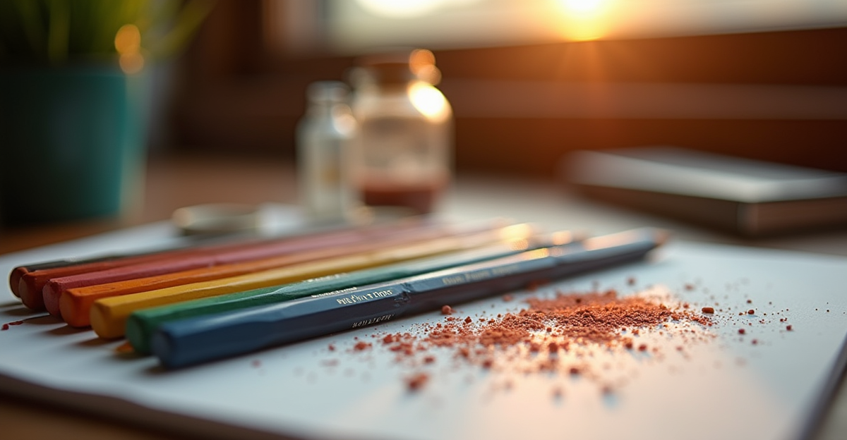 Colorless blender pencil, blending stumps, and solvent arranged on a wooden coloring desk with colored pencils