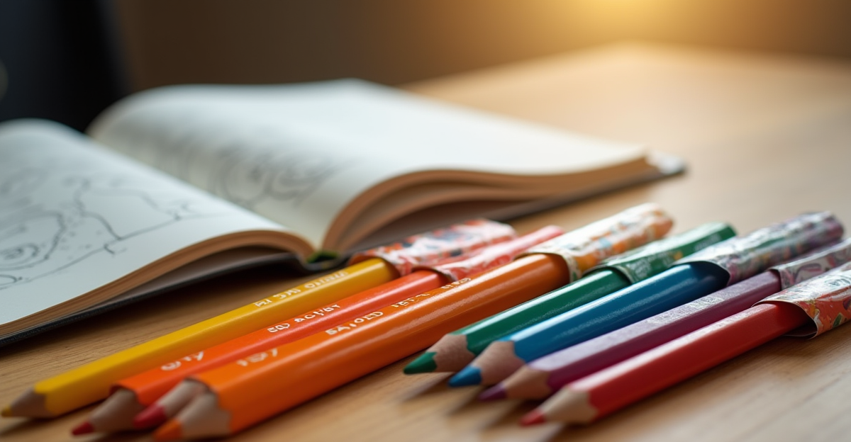 Assorted budget colored pencil sets arranged in a row on a wooden desk with coloring books