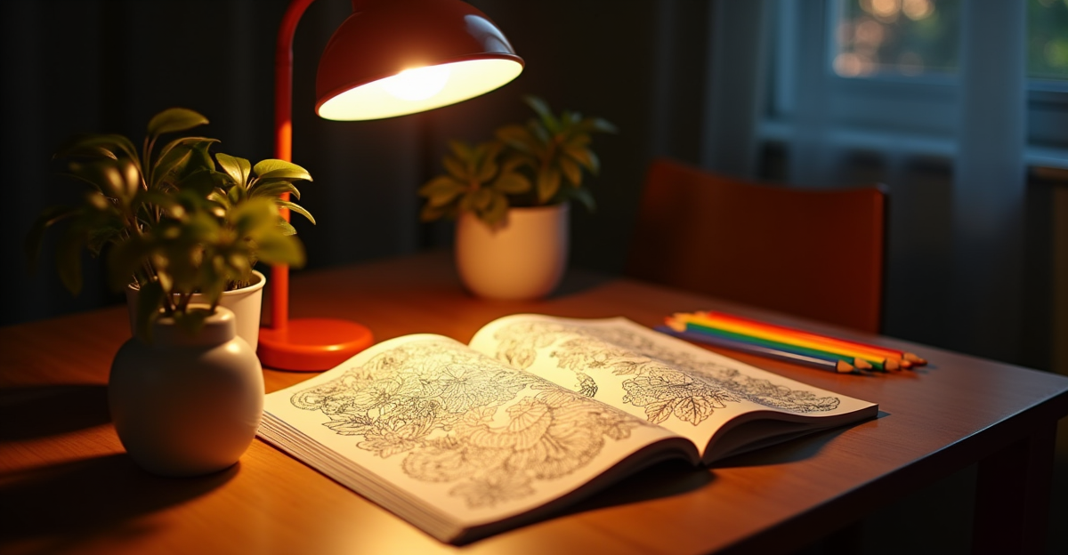 Warm desk lamp illuminating a coloring book with colored pencils on a wooden table