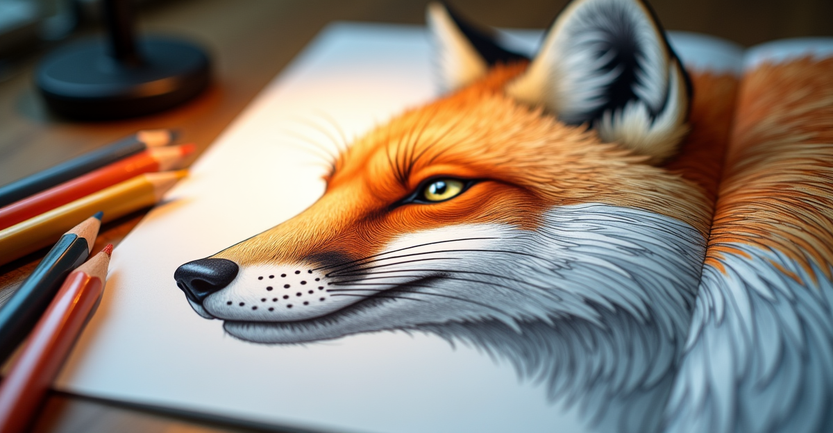 Adult coloring book page showing an animal with detailed fur texture colored with colored pencils