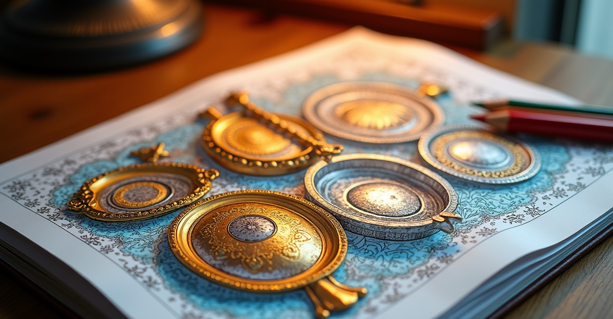 Adult coloring book page showing metallic objects like armor and decorative bowls with shiny effects