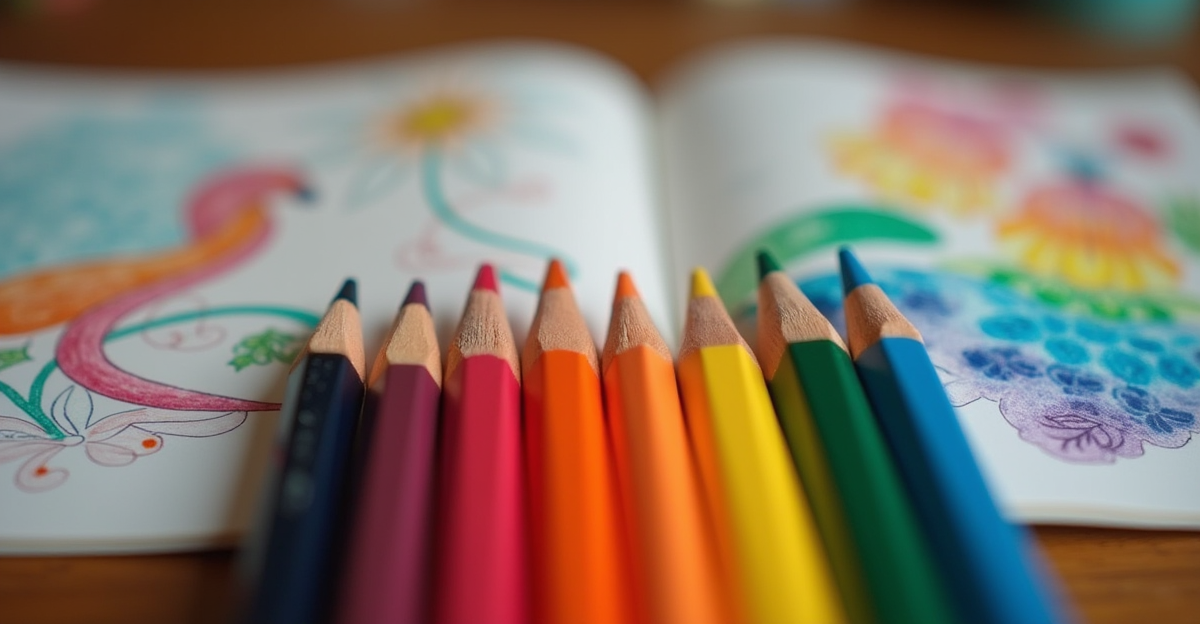 Three types of colored pencils, wax, oil, and watercolor, arranged side by side on a coloring desk