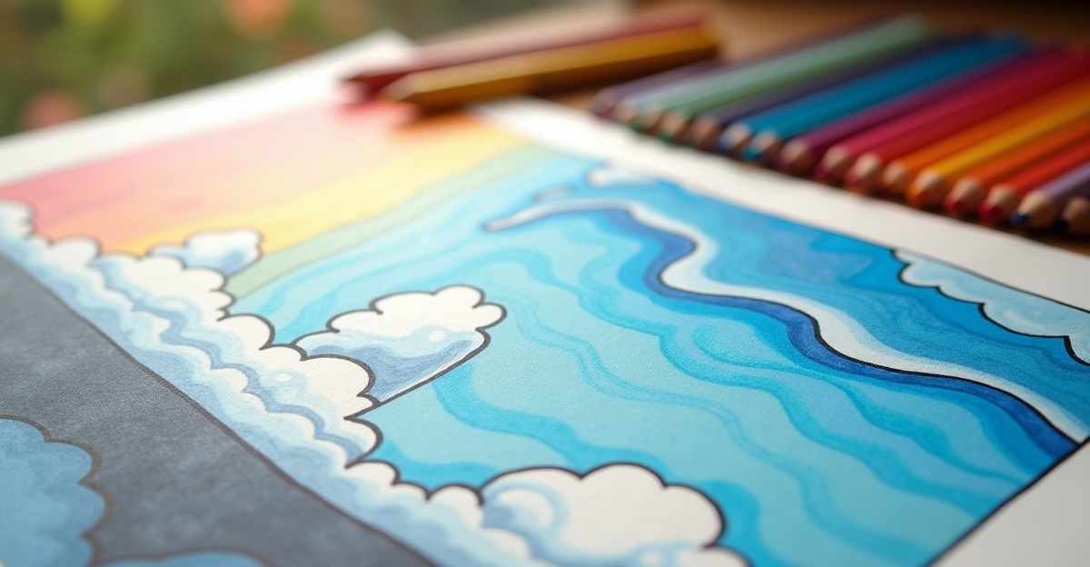 Adult coloring book page showing a landscape with a colored sky and clouds