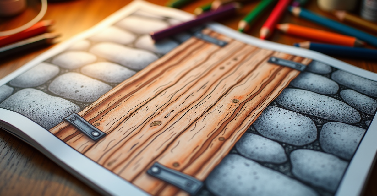 Adult coloring book page showing wood grain and stone textures colored with colored pencils