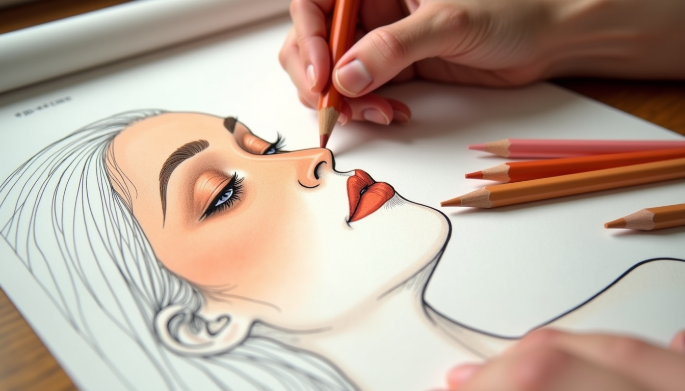 Colored pencils in warm skin, terracotta and cream shades arranged beside a partially colored portrait sketch