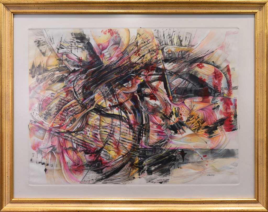 Framed abstract colored pencil and ink artwork
