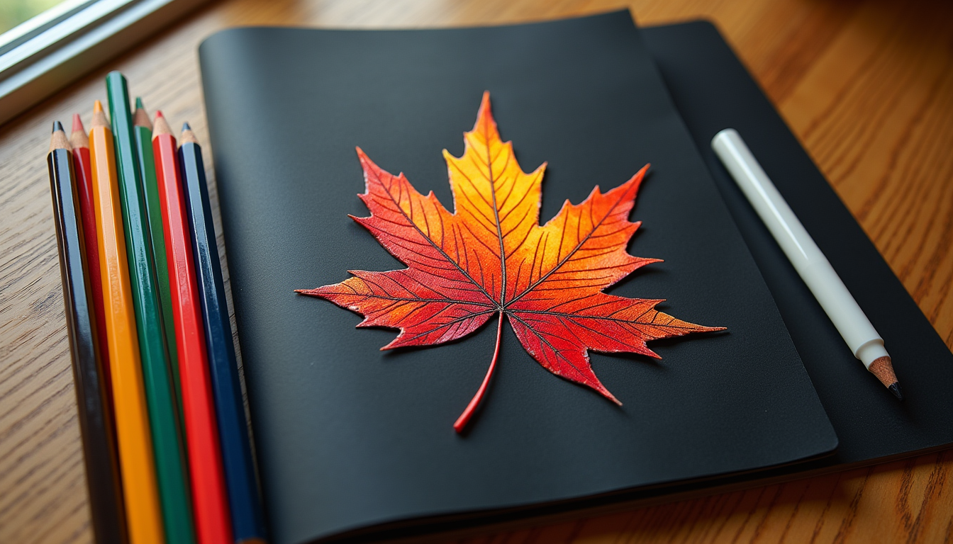 Bright colored pencils arranged beside a half-finished vibrant drawing on black paper