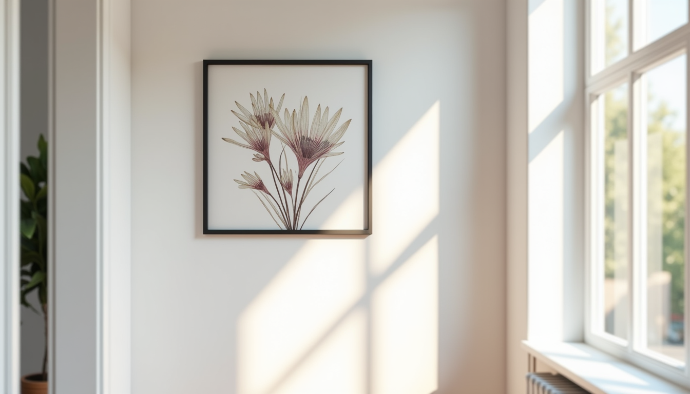 A finished colored pencil page in a simple black frame hanging on a bright wall