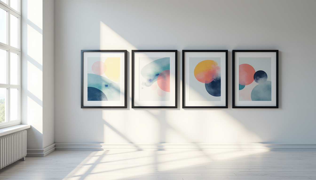 A gallery wall of framed colored pencil artwork in matching black frames