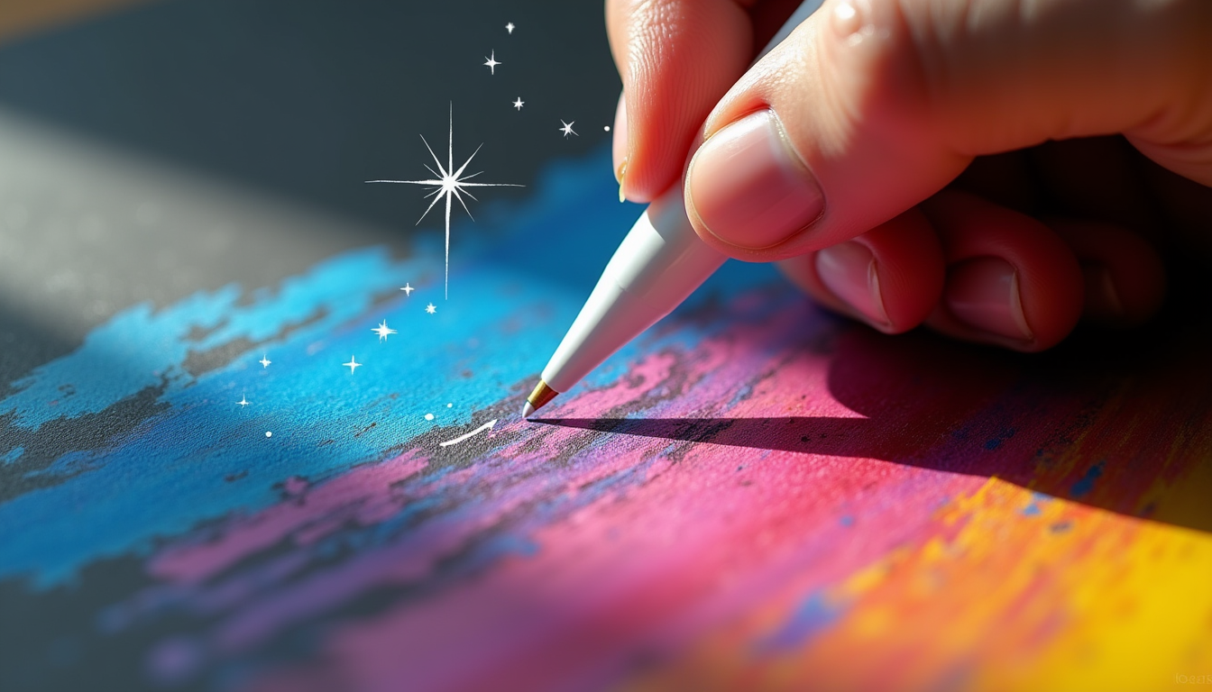 White gel pen drawing fine highlights over colorful colored pencil shading on dark paper