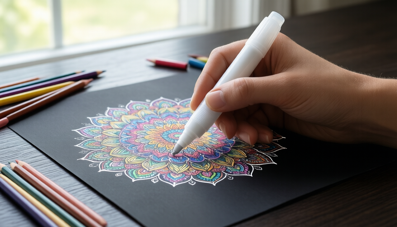 White gel pen adding bright star highlights to a mandala drawing on black paper