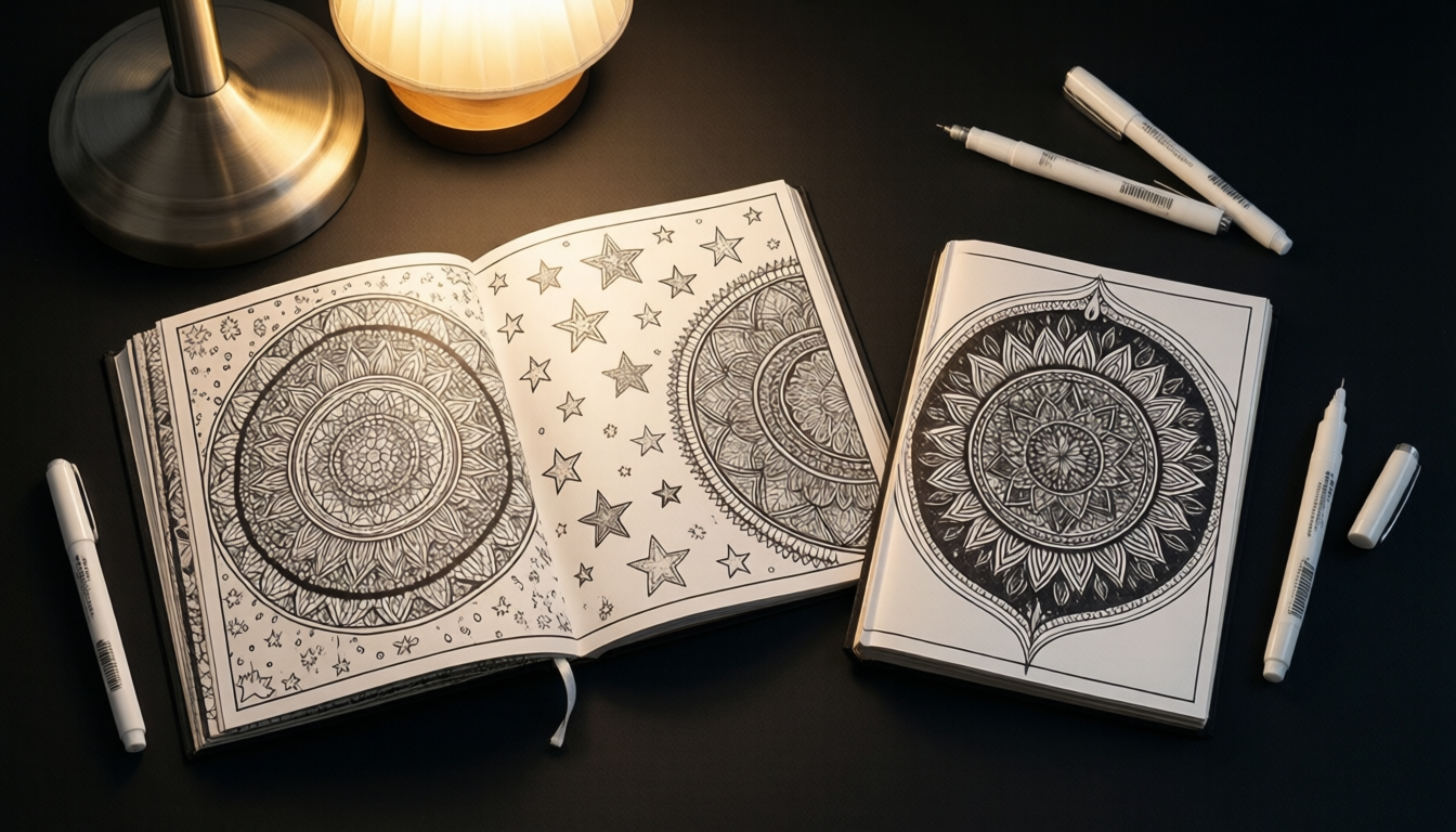 Open black-paper coloring book with white gel pen mandala doodles on a dark desk