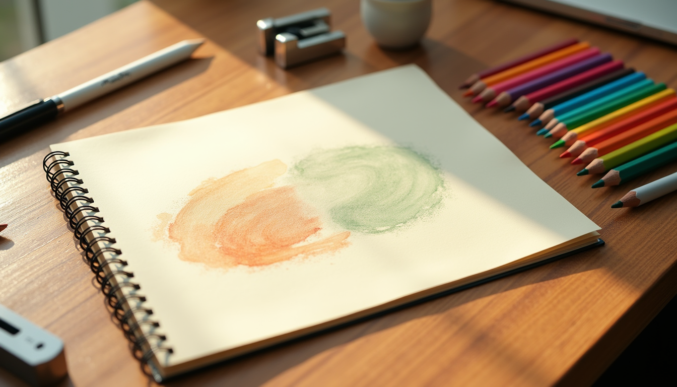 Open colored pencil flat lay with pencils arranged in a gradient and a sheet of textured drawing paper
